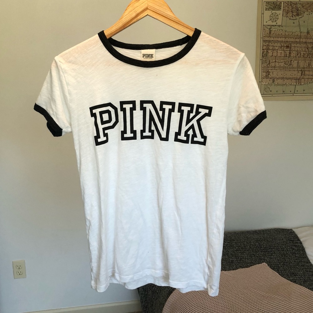 Pink Victoria’s Secret white and gray t shirt